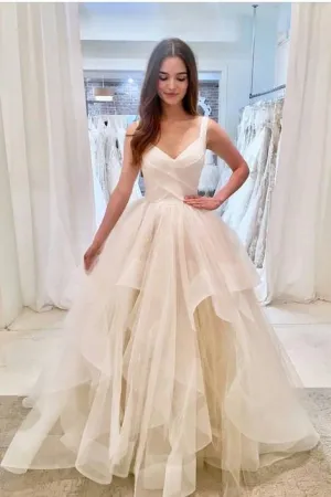 Luolandi Elegant Ivory Tulle V Neck Spaghetti Straps Wedding Dresses Long Sexy