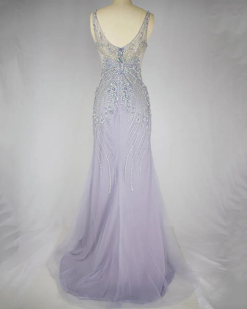 Luolandi Elegant Lavender Mermaid Scoop Floor-Length Tulle Zipper Back Prom Dresses With Beaded Evening Dresses