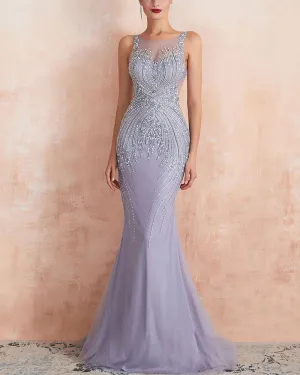 Luolandi Elegant Lavender Mermaid Scoop Floor-Length Tulle Zipper Back Prom Dresses With Beaded Evening Dresses