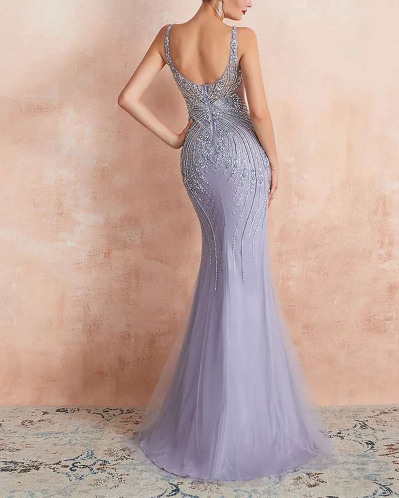 Luolandi Elegant Lavender Mermaid Scoop Floor-Length Tulle Zipper Back Prom Dresses With Beaded Evening Dresses