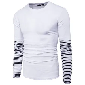 Mens Stylish Striped Printed Sleeve O-neck Long Sleeve Casual Cotton T-shirt