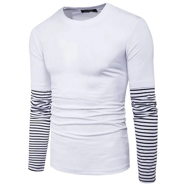 Mens Stylish Striped Printed Sleeve O-neck Long Sleeve Casual Cotton T-shirt