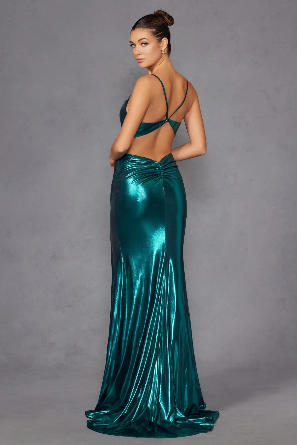 Metallic Sleeveless Slit Gown by Juliet JT2567U