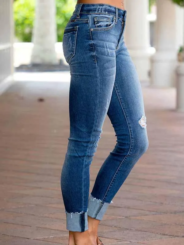 Mid Rise Fringe Cuff Ripped Boyfriend Jeans