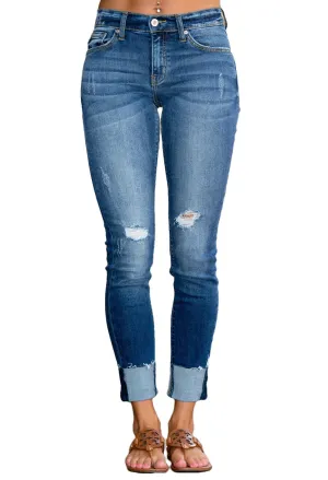 Mid Rise Fringe Cuff Ripped Boyfriend Jeans