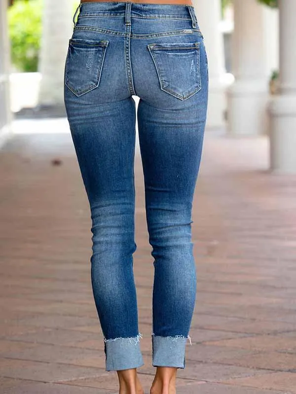 Mid Rise Fringe Cuff Ripped Boyfriend Jeans