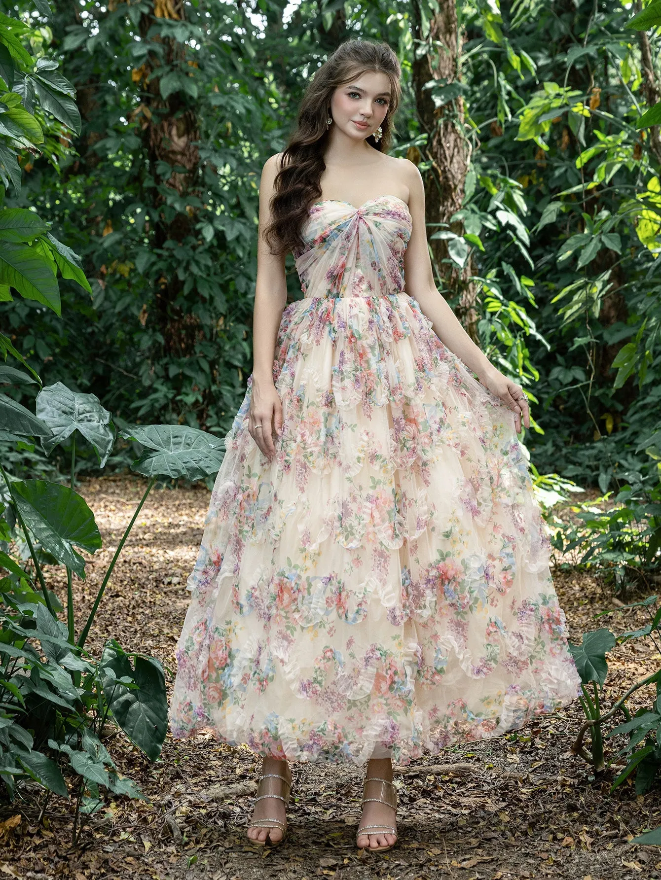 Midi Twist Front Ruffle Trim Floral Tulle Party Tube Dress