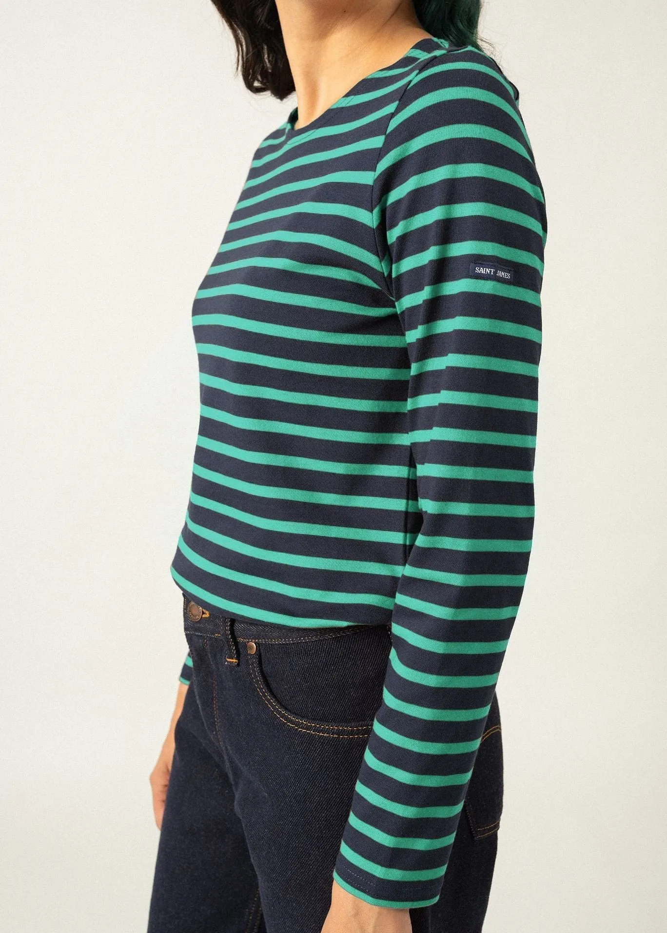 MINQUIDAME - Breton Striped Shirt with Long Sleeve | Soft Cotton | Women Fit (NAVY / KELLY GREEN)