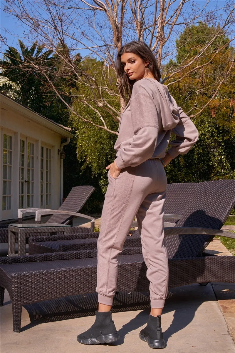 Mocha Inside-out Detail Long Sleeve Raw Hem V-neck Relaxed Fit Hooded Sweatshirt 2 Piece Set