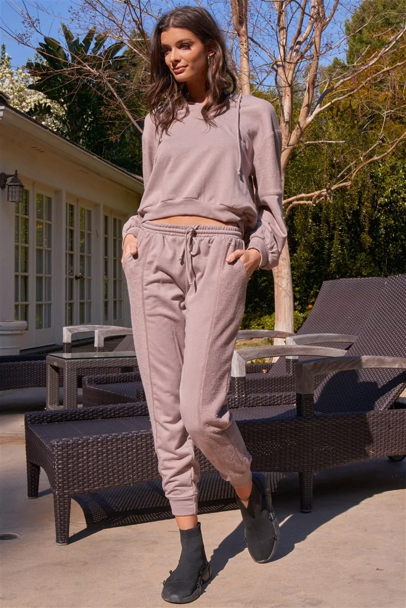 Mocha Inside-out Detail Long Sleeve Raw Hem V-neck Relaxed Fit Hooded Sweatshirt 2 Piece Set