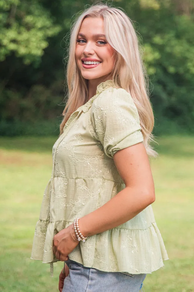 My Life Story Green Embroidered Short Sleeve Blouse FINAL SALE