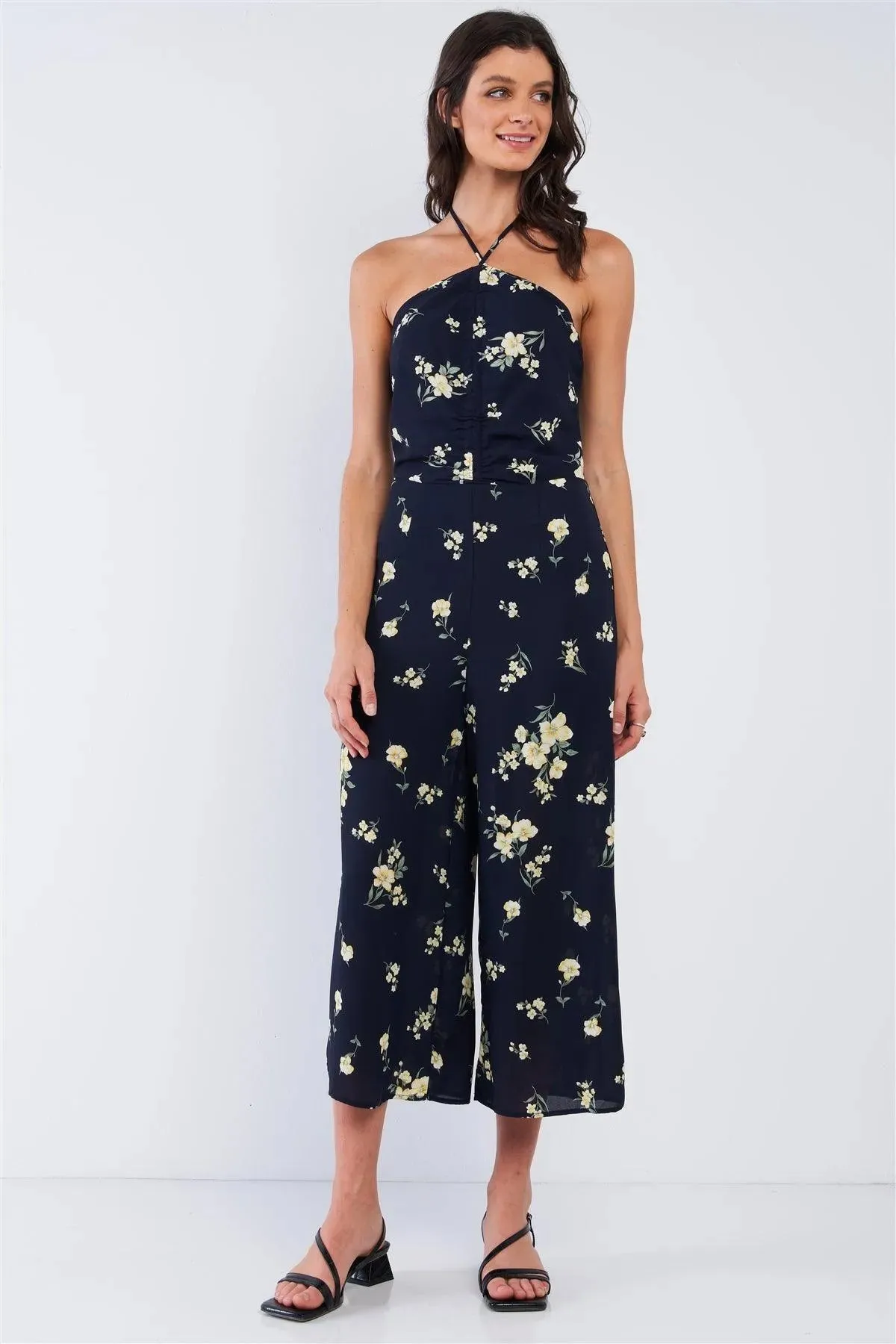 Navy Blue Floral Print Sleeveless Gathered Chest Detail Open Back Halter Neck Tie Wide Leg Mini Jumpsuit