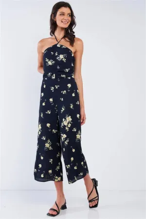 Navy Blue Floral Print Sleeveless Gathered Chest Detail Open Back Halter Neck Tie Wide Leg Mini Jumpsuit
