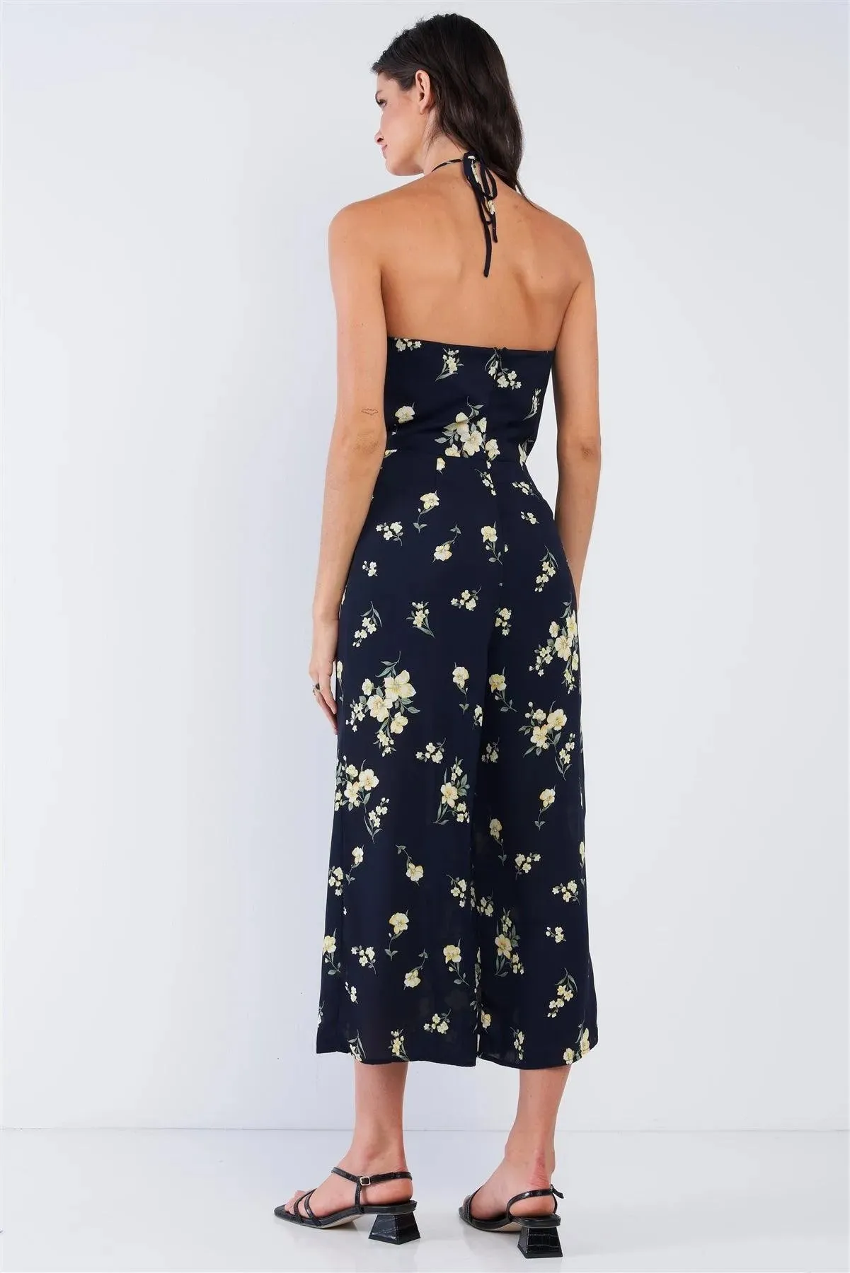 Navy Blue Floral Print Sleeveless Gathered Chest Detail Open Back Halter Neck Tie Wide Leg Mini Jumpsuit