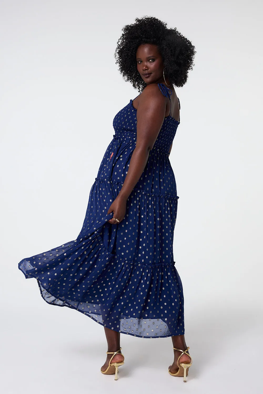Navy with Gold Lurex Spot Bandeau Midi Dress