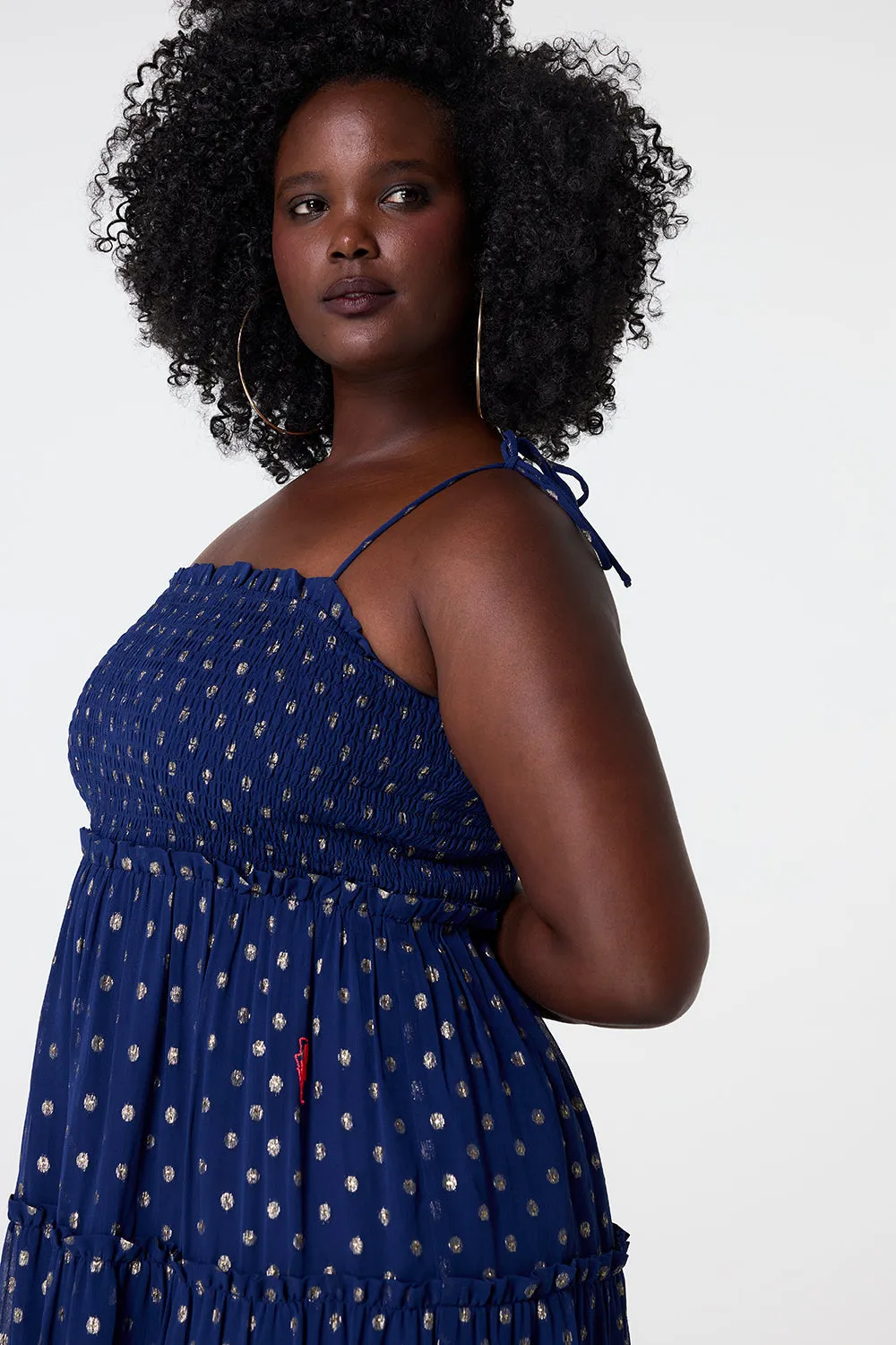 Navy with Gold Lurex Spot Bandeau Midi Dress