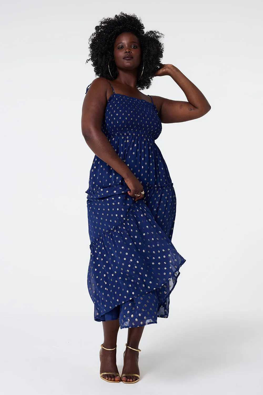 Navy with Gold Lurex Spot Bandeau Midi Dress