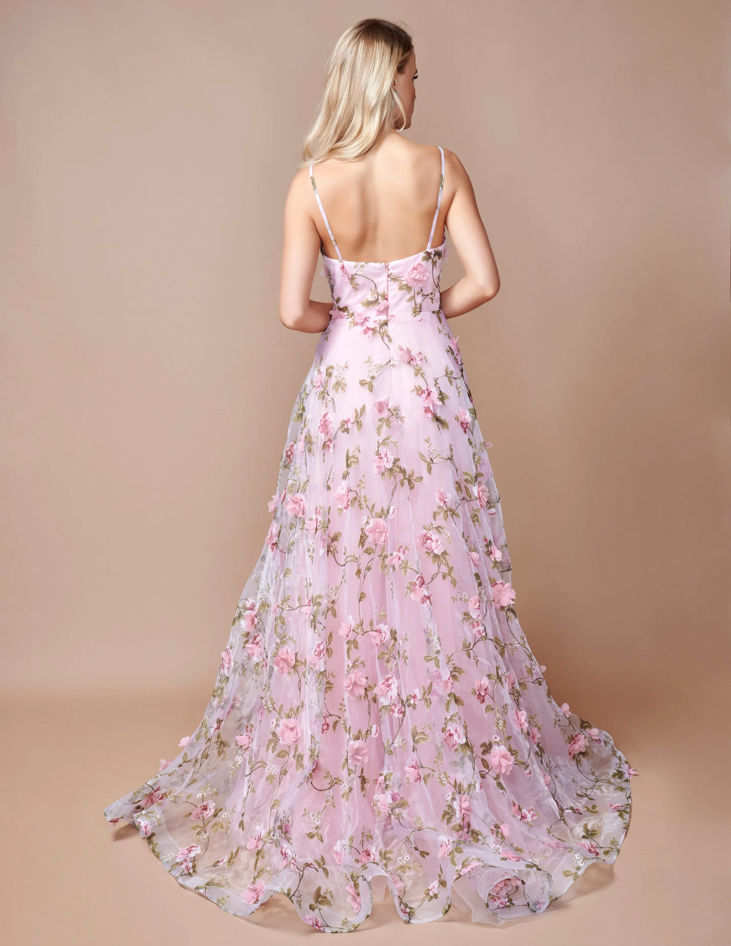 Nina Canacci 9150 Size 0, 4 Pink A Line Floral Maxi Slit Prom Dress 3D Formal Gown Print V Neck Evening
