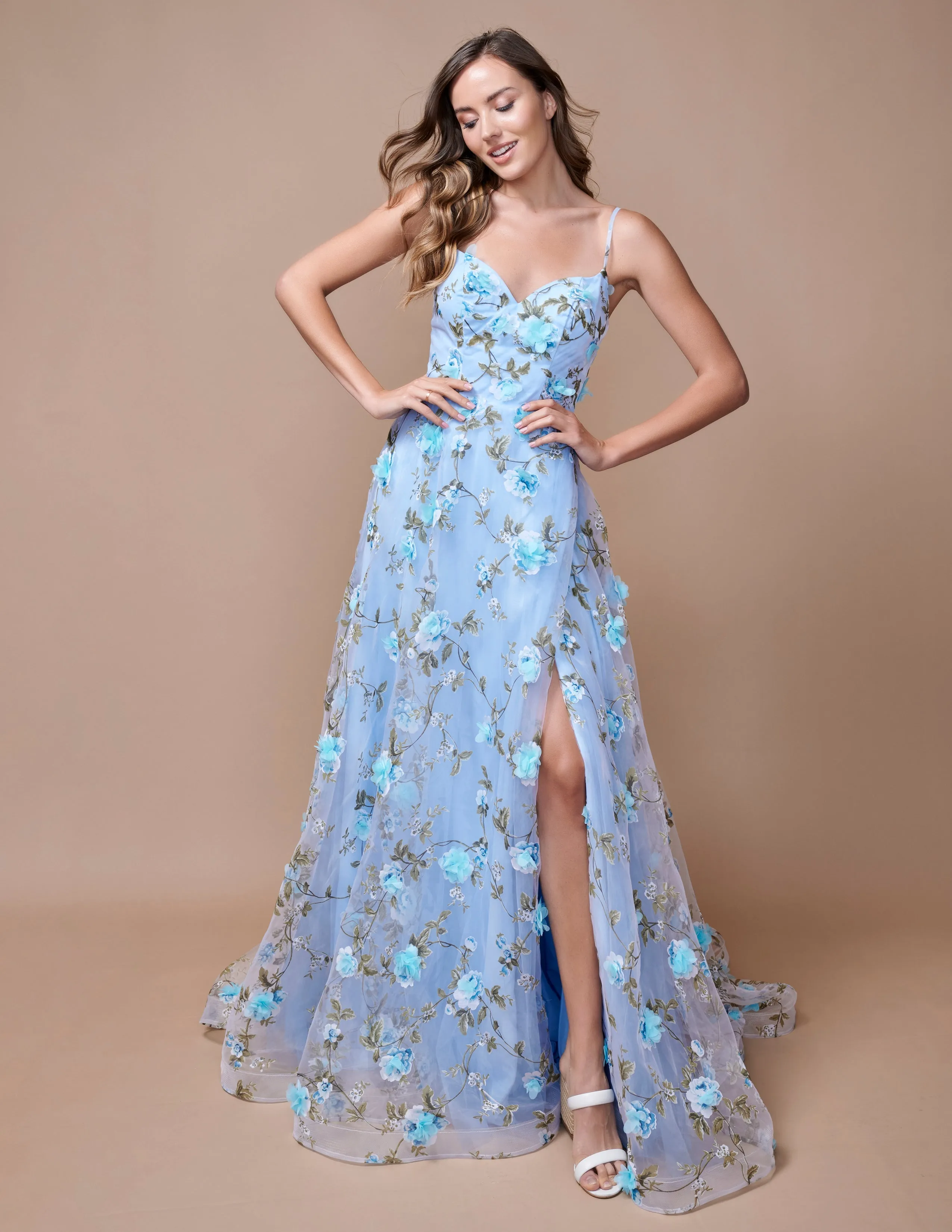 Nina Canacci 9150 Size 0, 4 Pink A Line Floral Maxi Slit Prom Dress 3D Formal Gown Print V Neck Evening