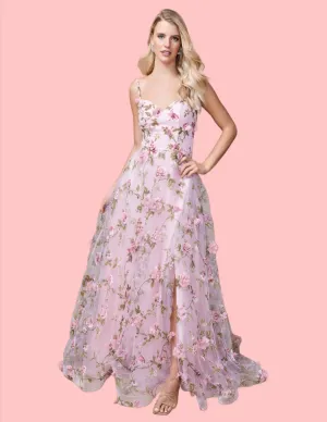 Nina Canacci 9150 Size 0, 4 Pink A Line Floral Maxi Slit Prom Dress 3D Formal Gown Print V Neck Evening