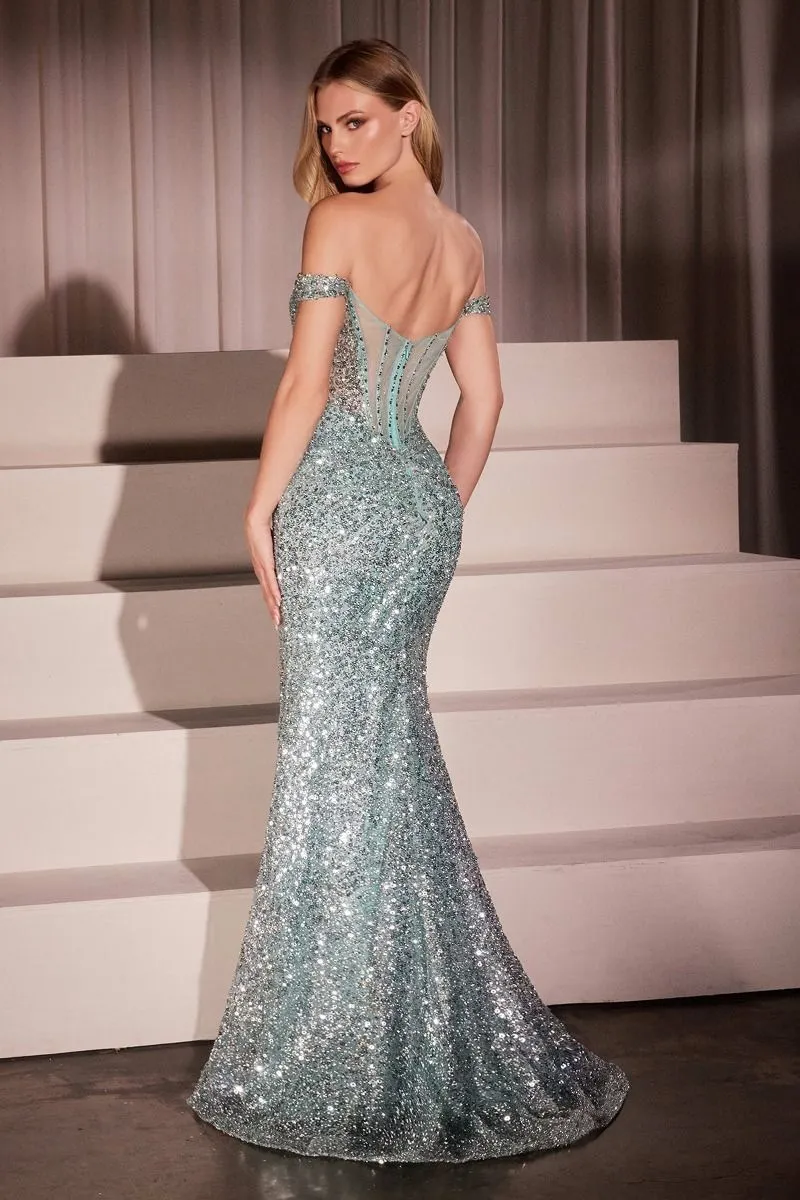 OFF THE SHOULDER SEQUIN FITTED GOWN CDCM373