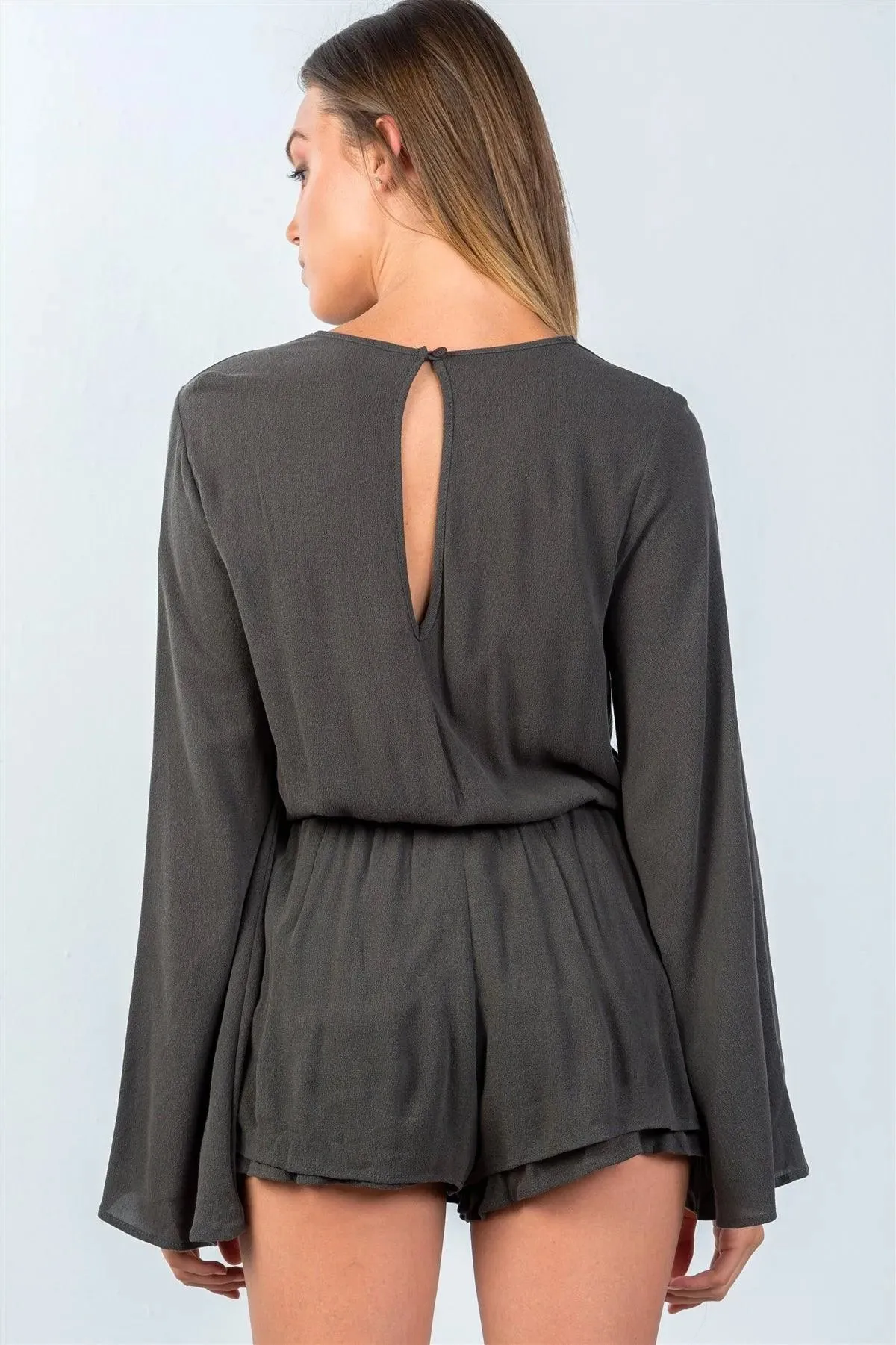 Olive Cowl-Neck Romper Bell Sleeves Romper