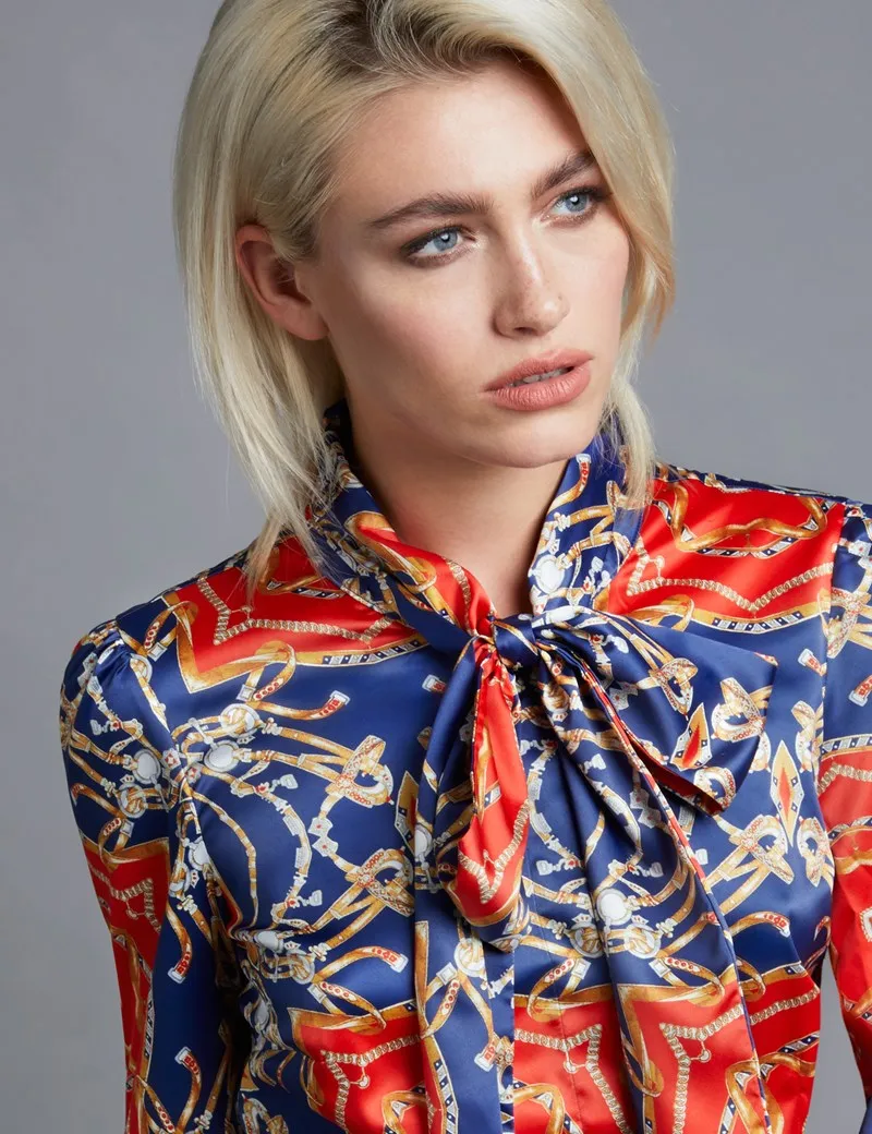 Orange & Blue Print Fitted Satin Blouse