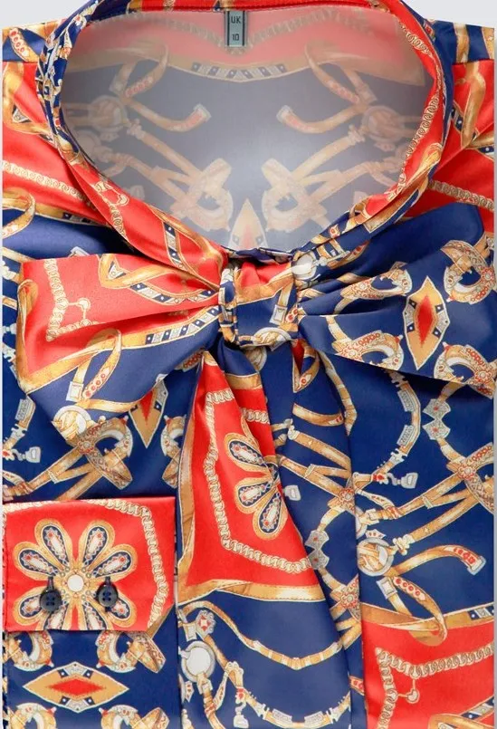 Orange & Blue Print Fitted Satin Blouse