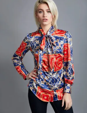 Orange & Blue Print Fitted Satin Blouse