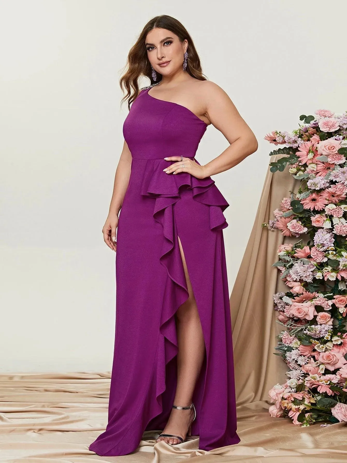 Plus One Shoulder Sleeveless Ruffle Slit Party Dress