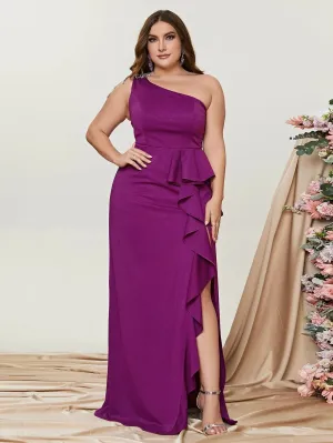 Plus One Shoulder Sleeveless Ruffle Slit Party Dress