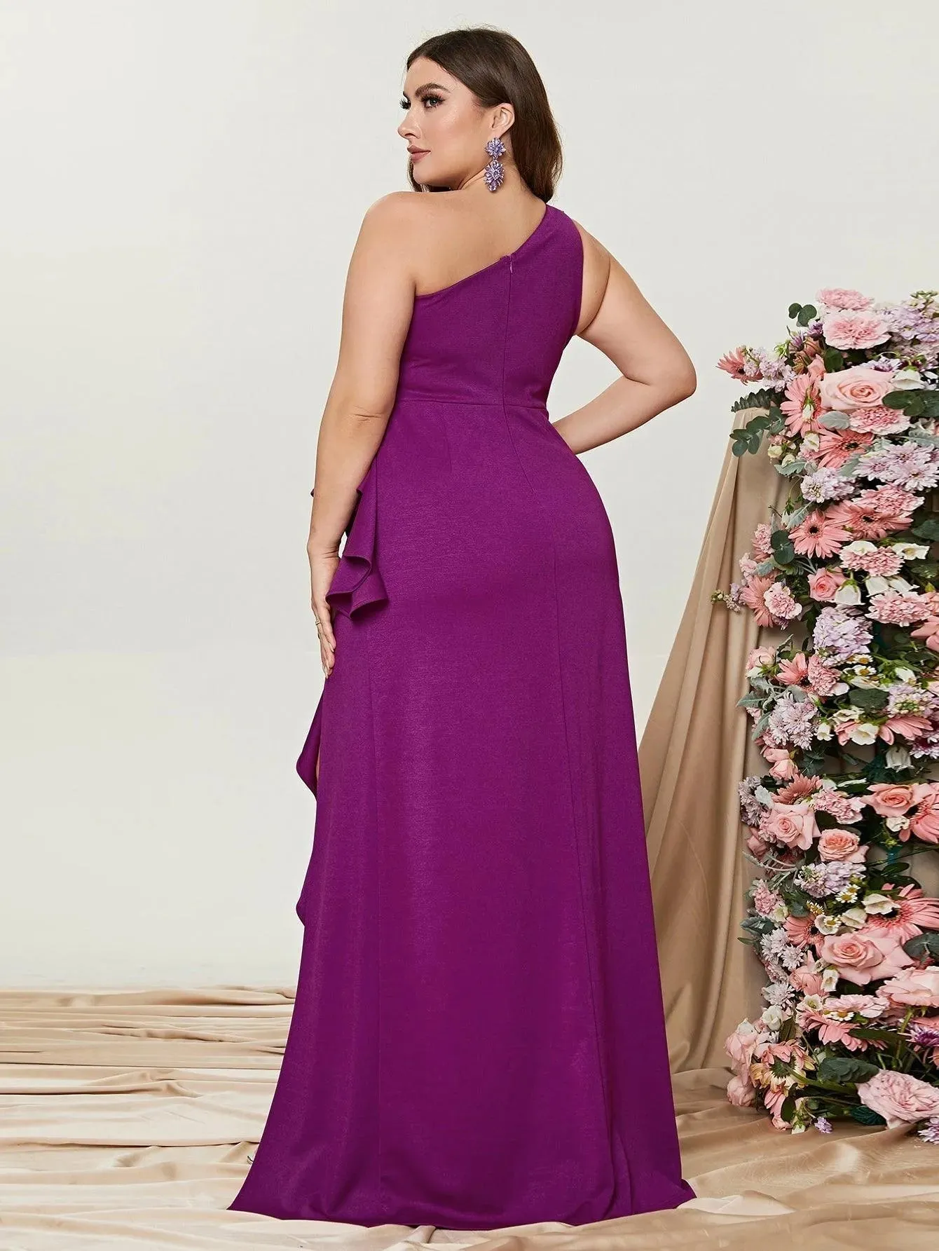 Plus One Shoulder Sleeveless Ruffle Slit Party Dress