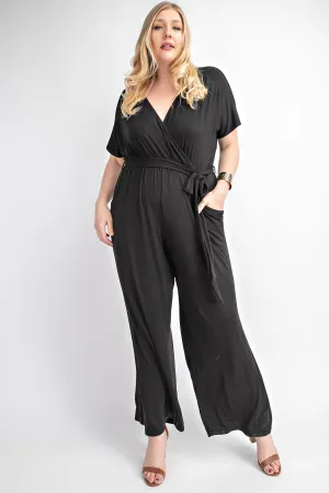 PLUS SHORT SLEEVE, DEEP V-NECK, JUMPSUIT,SIDE POCKETS - BLACK