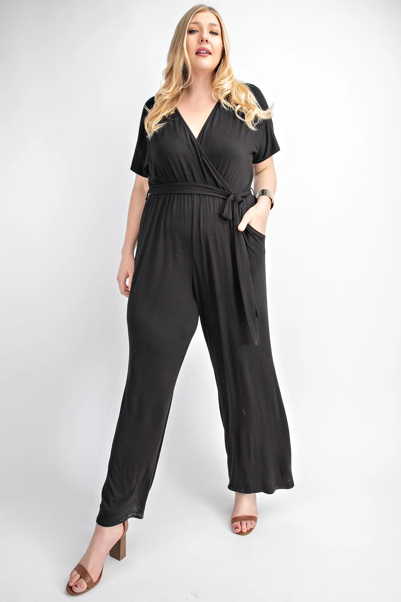 PLUS SHORT SLEEVE, DEEP V-NECK, JUMPSUIT,SIDE POCKETS - BLACK