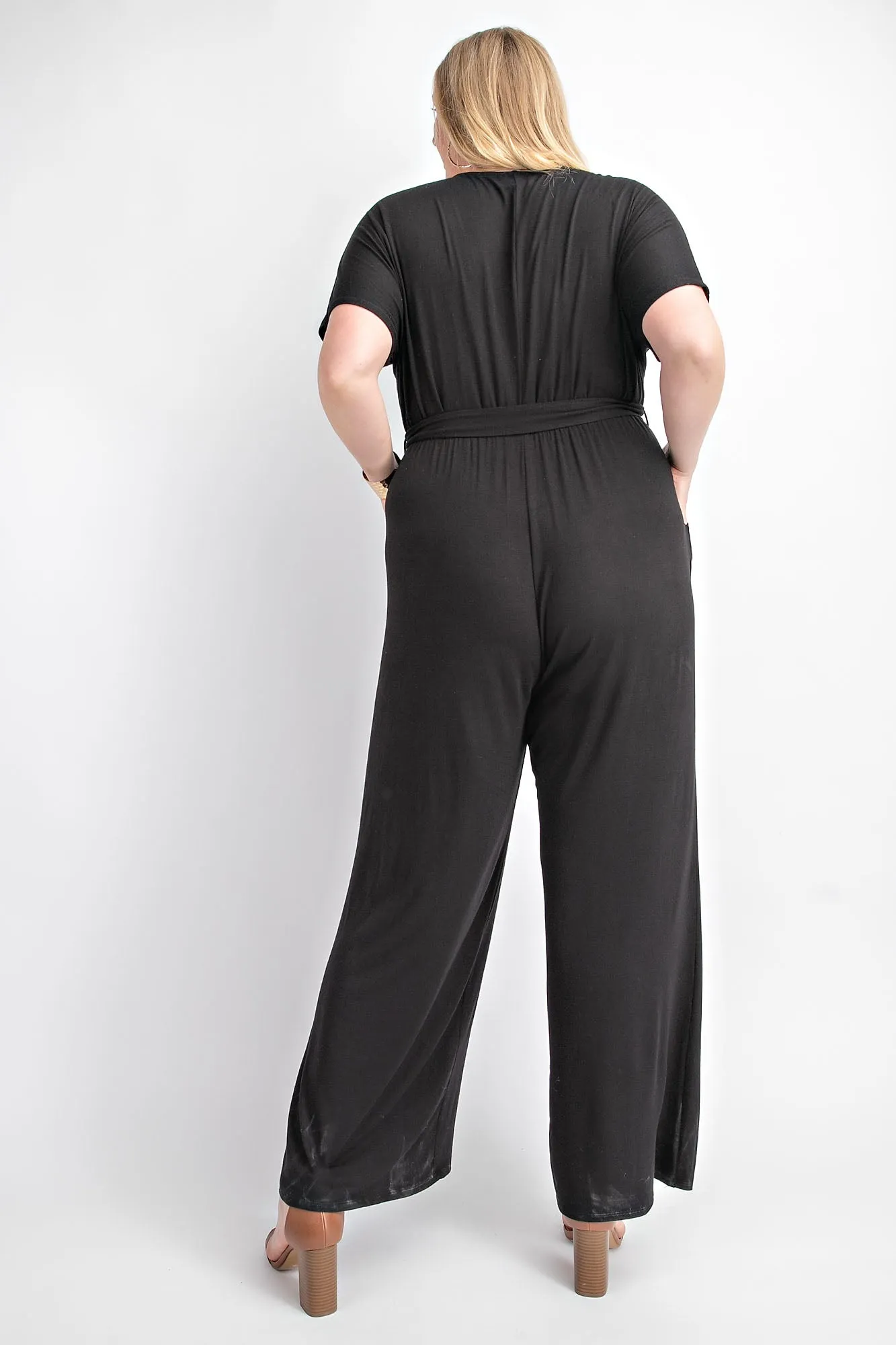 PLUS SHORT SLEEVE, DEEP V-NECK, JUMPSUIT,SIDE POCKETS - BLACK