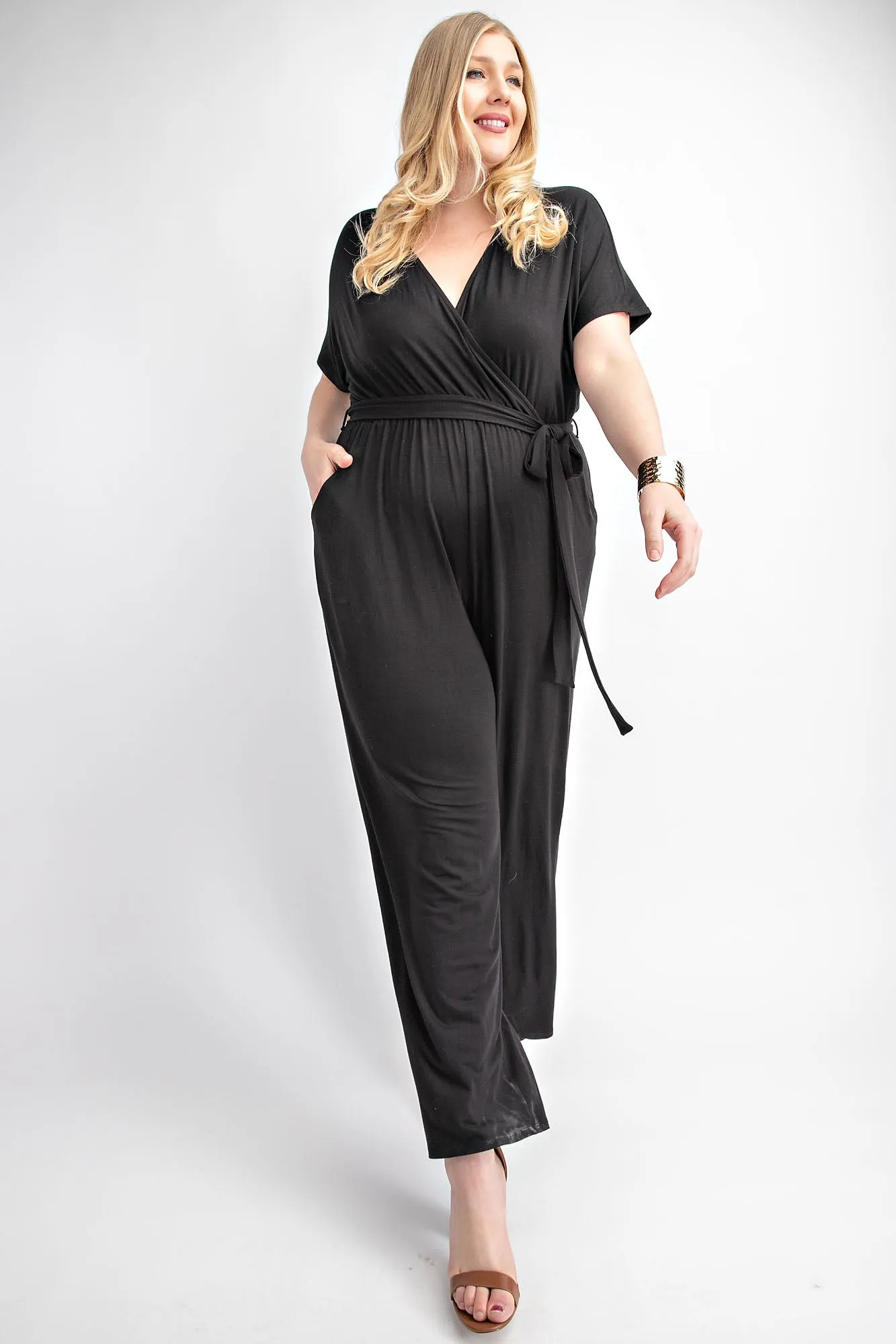 PLUS SHORT SLEEVE, DEEP V-NECK, JUMPSUIT,SIDE POCKETS - BLACK