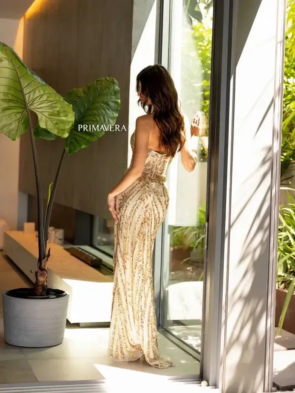 Primavera Couture 4134 Long Prom Dress Sequin Fitted High Slit Strapless Formal Pageant Gown