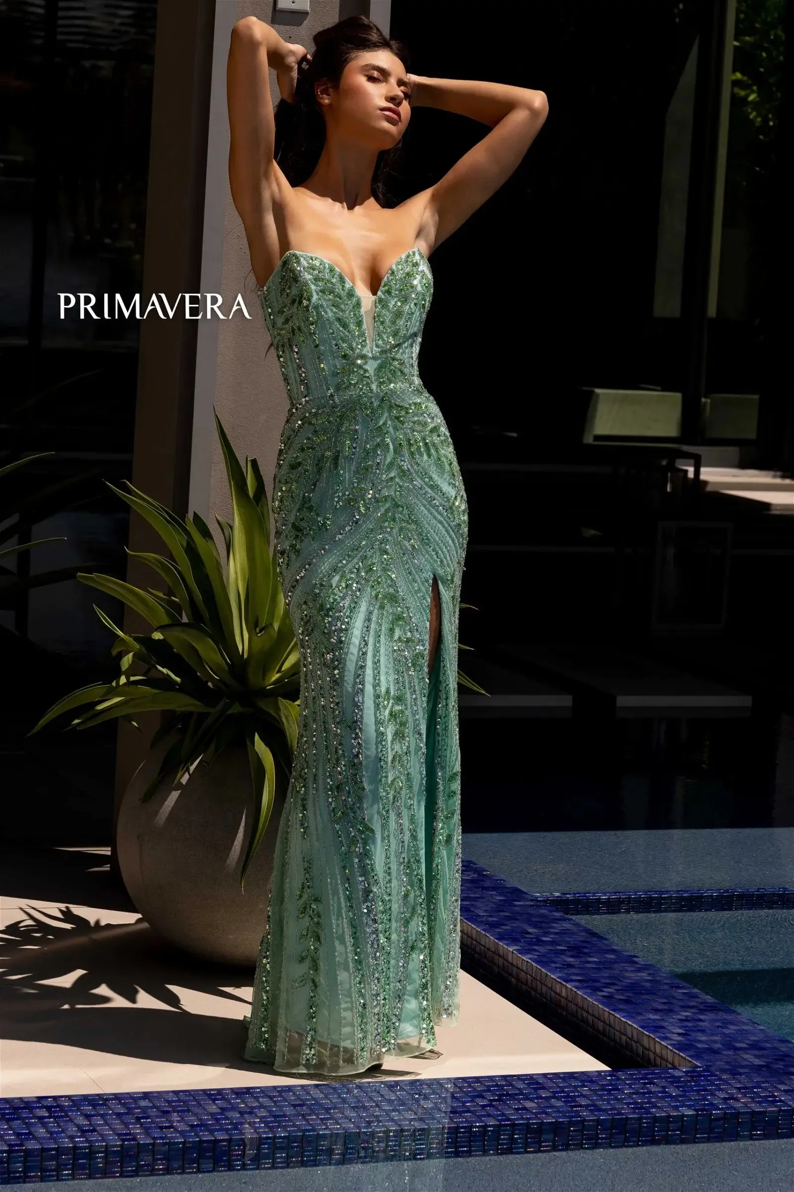 Primavera Couture 4134 Long Prom Dress Sequin Fitted High Slit Strapless Formal Pageant Gown