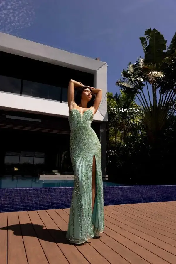 Primavera Couture 4134 Long Prom Dress Sequin Fitted High Slit Strapless Formal Pageant Gown