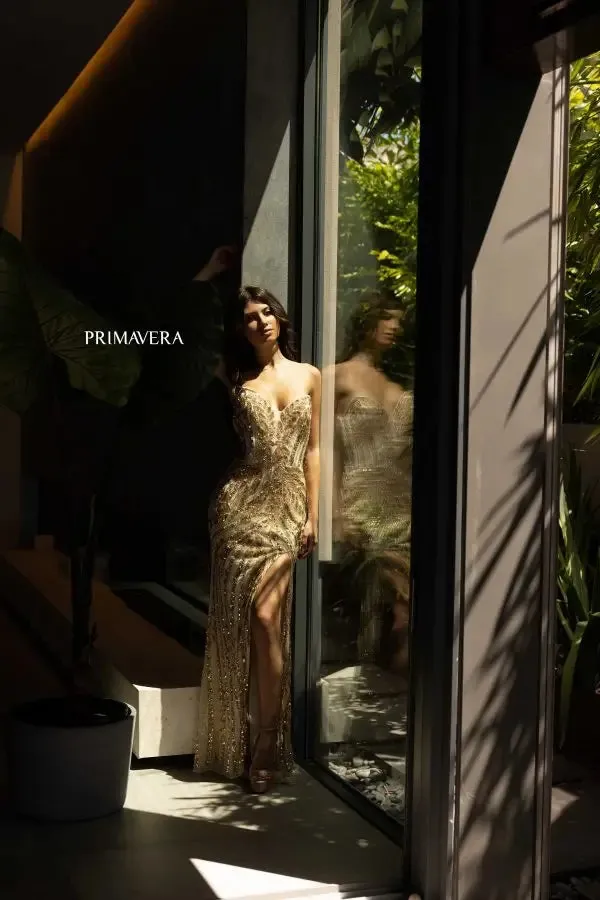 Primavera Couture 4134 Long Prom Dress Sequin Fitted High Slit Strapless Formal Pageant Gown