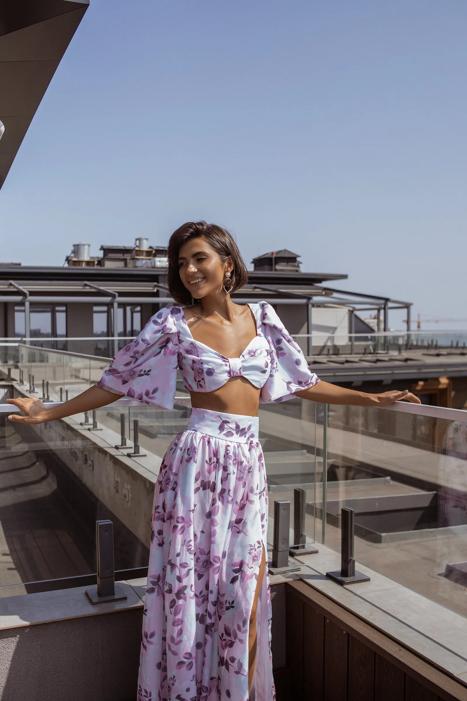 Purple Floral-Print Puff Sleeve Bow Top & Midi Skirt 2-Piece Set