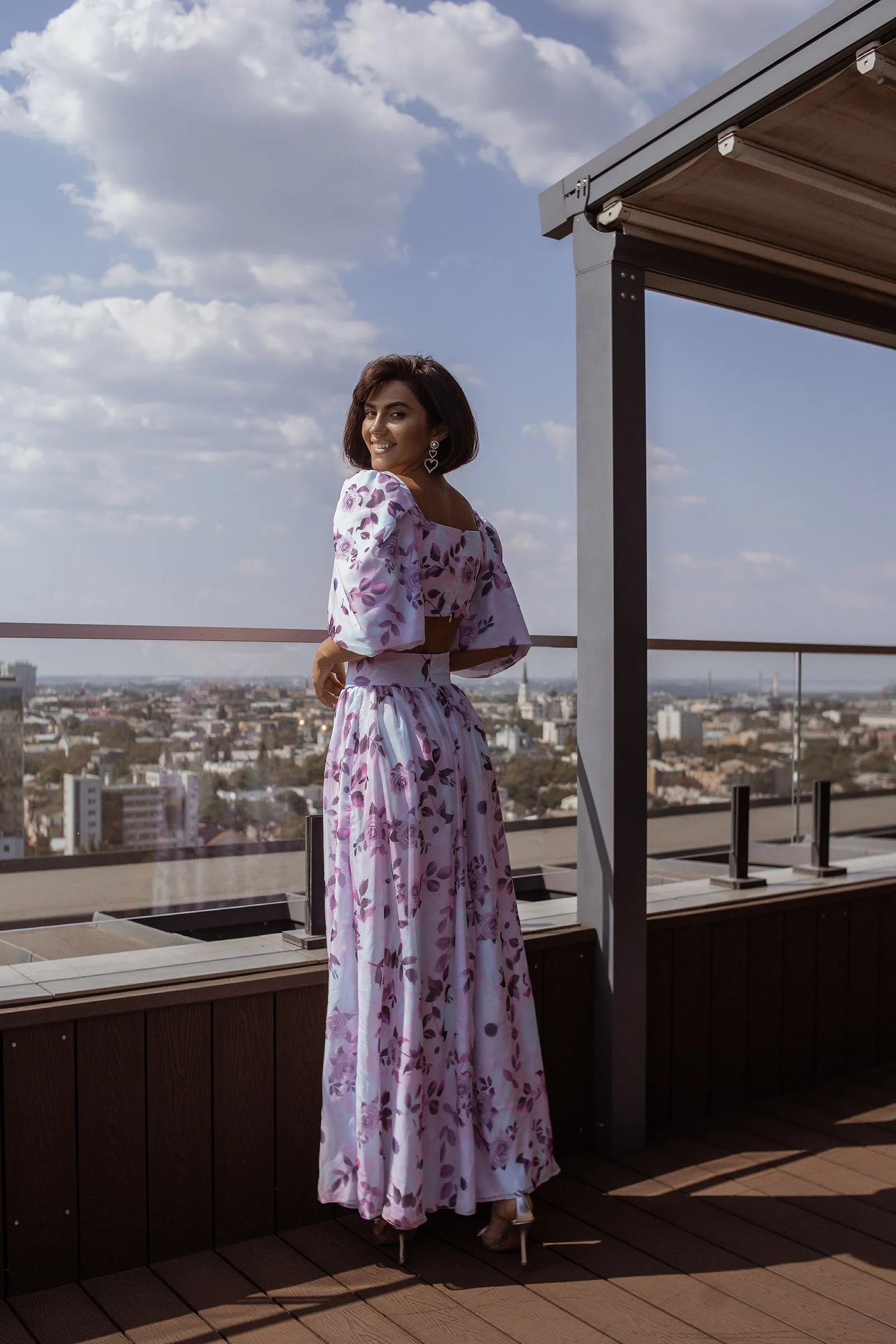 Purple Floral-Print Puff Sleeve Bow Top & Midi Skirt 2-Piece Set