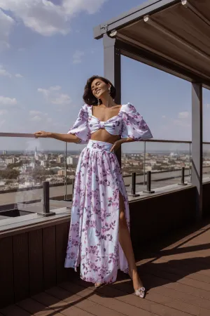 Purple Floral-Print Puff Sleeve Bow Top & Midi Skirt 2-Piece Set