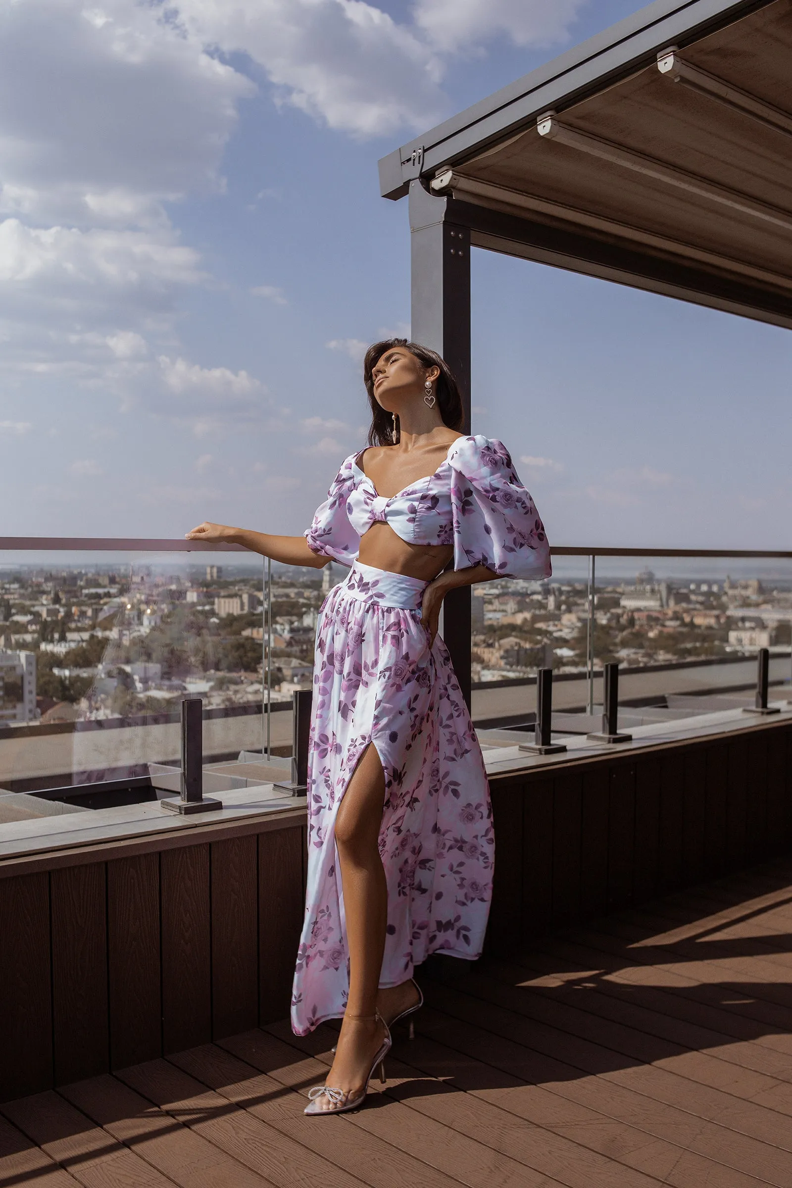 Purple Floral-Print Puff Sleeve Bow Top & Midi Skirt 2-Piece Set