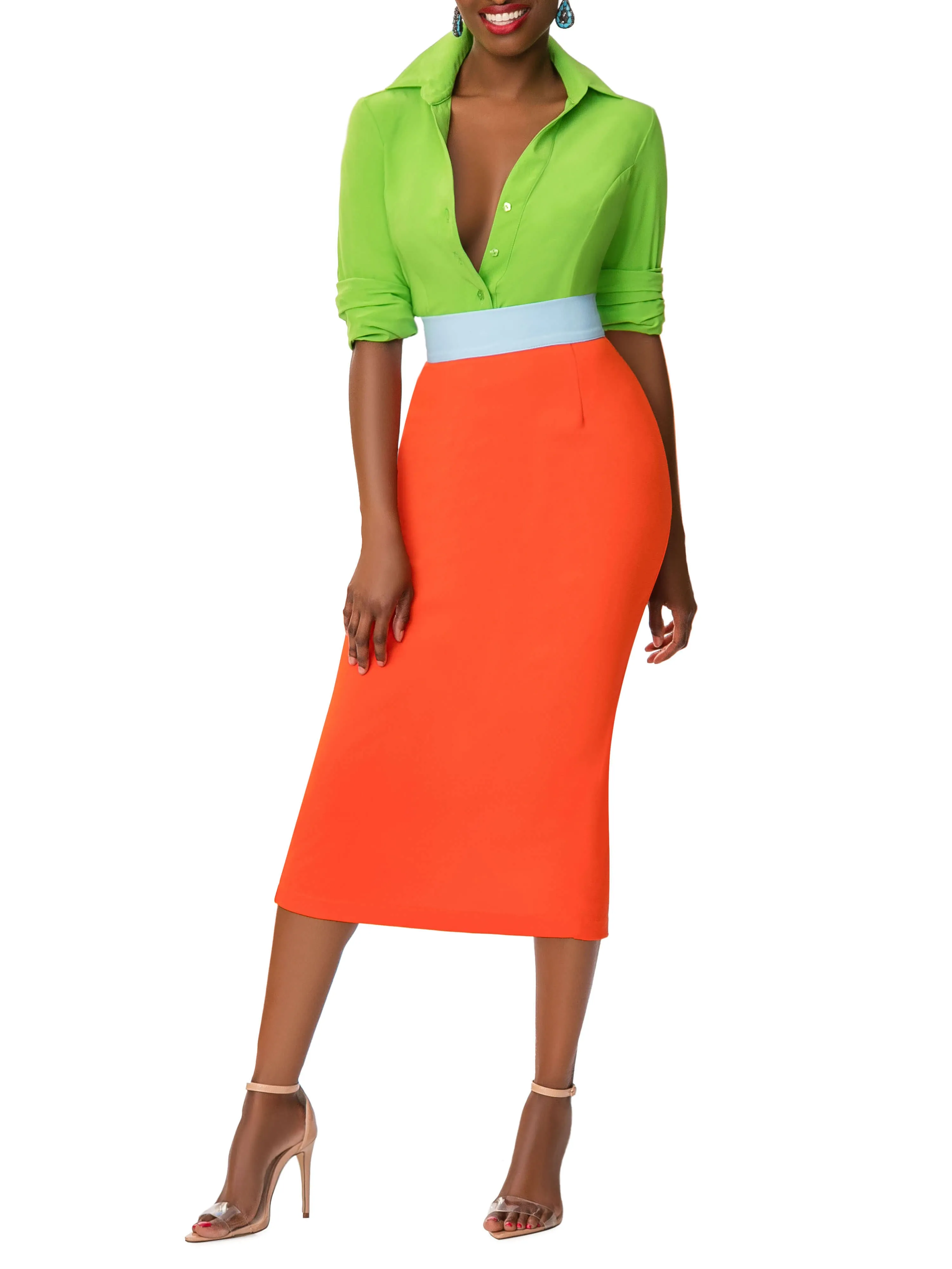 "Juanita" Orange/Blue Contrast Waist Pencil Skirt