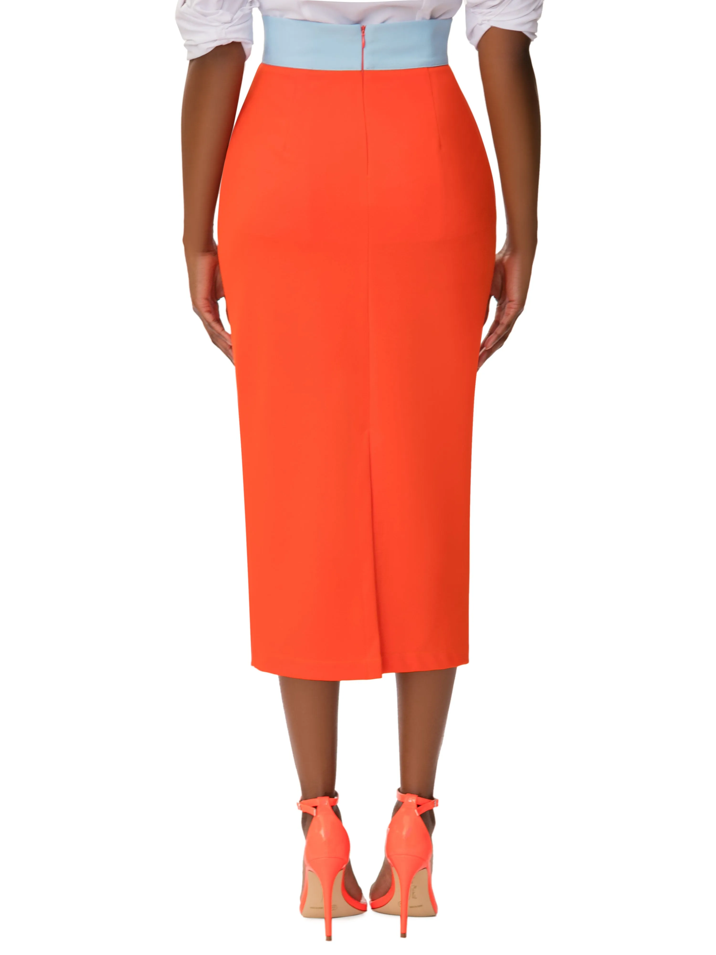 "Juanita" Orange/Blue Contrast Waist Pencil Skirt