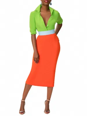 "Juanita" Orange/Blue Contrast Waist Pencil Skirt