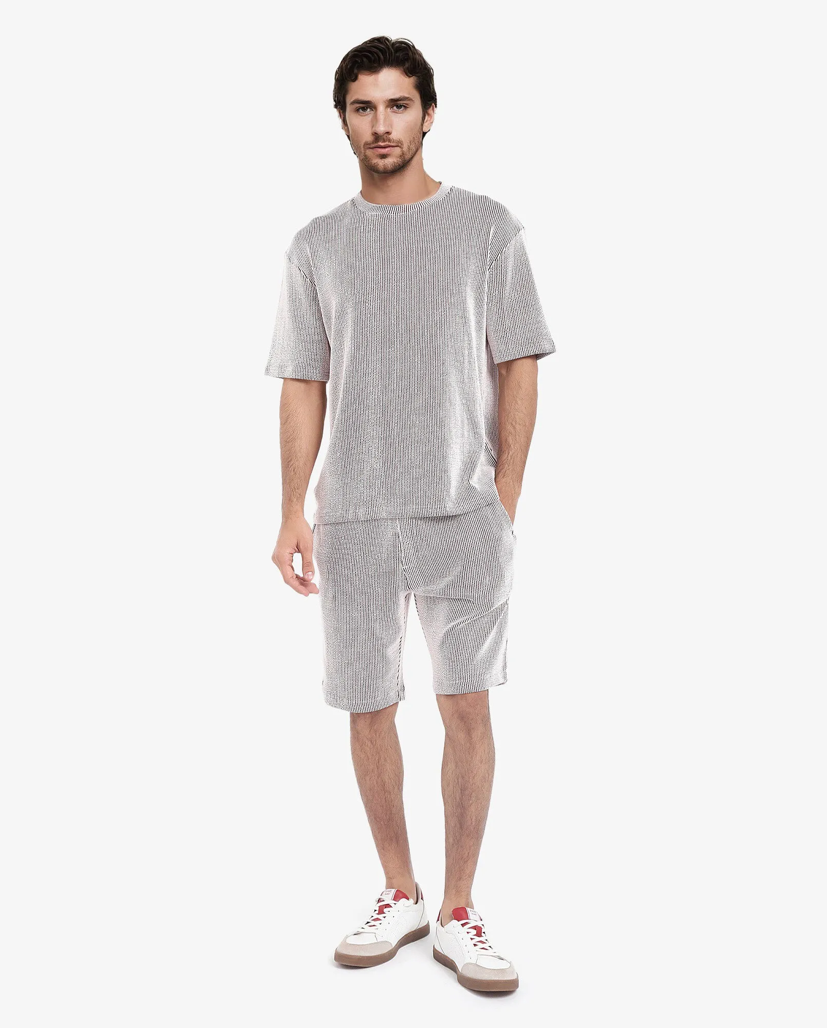 Rare Rabbit Men's Zavet-T Maroon Cotton Polyester Fabric Short Sleeves Crew Neck Oversized Fit Self Stripe Textured T-Shirt