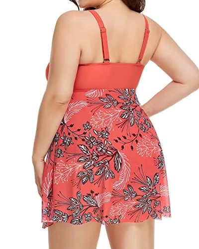 Sexy Slimming Plus Size One Piece Bathing Suit Swimdress-Red Floral