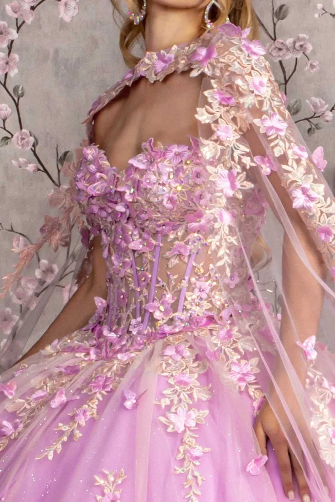 Sheer Bodice Strapless Sweetheart Mesh Ball Gown Side Mesh Long Drapes GLGL3467